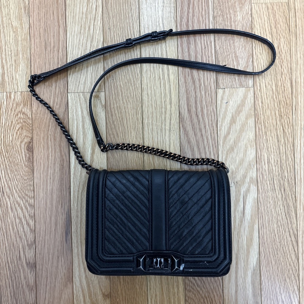 REBECCA MINKOFF Chevron Quilted Leather‎ LOVE Crossbody Shoulder Bag Black